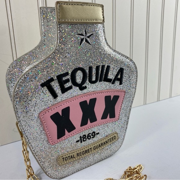 Crossbody Novelty Tequila Sparkly Silver Bag Purse Zip Close Crossbody - Picture 4 of 16
